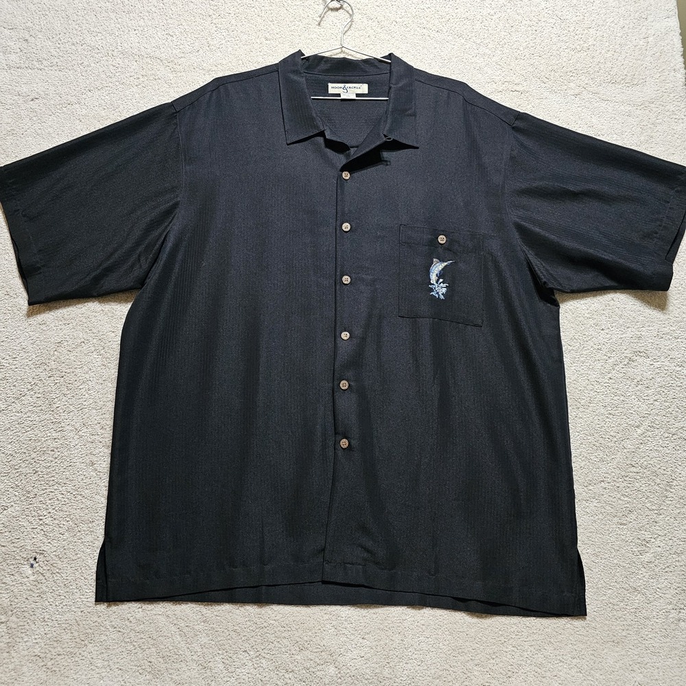 HOOK & TACKLE Men 2XL Black MARLIN Embroidered pocket and‎ back Camp Shirt EUC - Picture 2 of 11